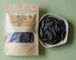 Chicken Heart Bites dog treats made from trimmed, fully dehydrated chicken heart