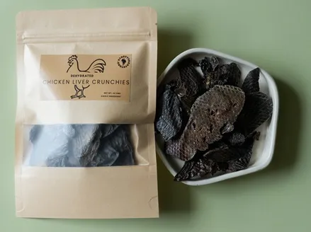Chicken Liver Crunchies dog treats made from fully dehydrated chicken liver