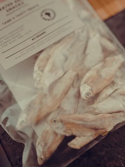 Crunchy Anchovy Bites dog treats made from fully dehydrated anchovies